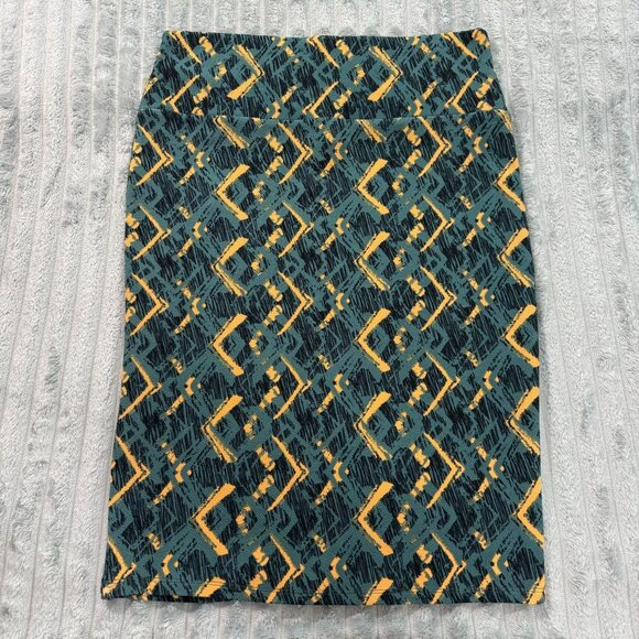 LuLaRoe Skirt Womens L Green Yellow Cassie Straight Midi Geometric Stretch NWT - Picture 3 of 9
